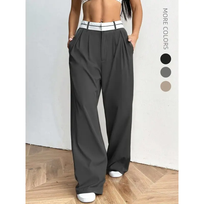 Women's Chic Color-Block High-Waisted Wide-Leg Pants - Loose, Slight Stretch Polyester, Button Detail, Pockets, All Seasons Casual Bottoms