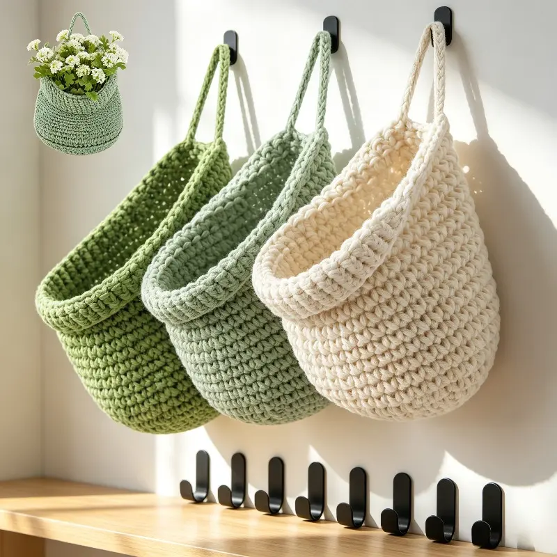 Boho Wall-Mounted Storage Baskets Set of 3 - Hand-Crocheted Woven Wall Pouch with Bohemian Look, Lightweight Camping Herb Storage Organizer for Towels & Household Clutter