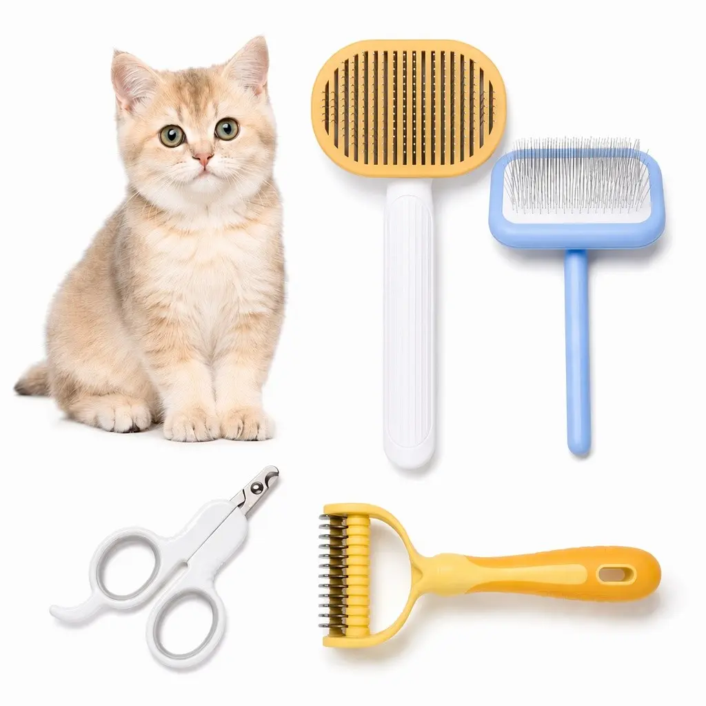 Four-In-One Pet Grooming Kit, Self-Cleaning Detangler Brush, Dematting Comb, Safe Nail Clipper, Gentle Hair Removal Tools, Deshedding Tool for Dogs & Cats
