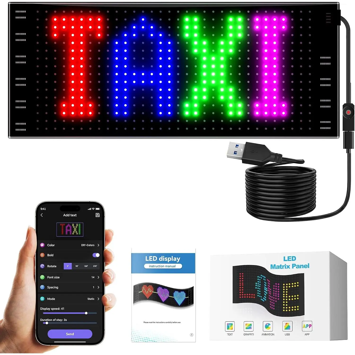 Front Windshield Light Signs for  | Programmable LED  Sign | Taxi Flexible LED Advertising Sign |  APP | Custom Editor Animations/Text