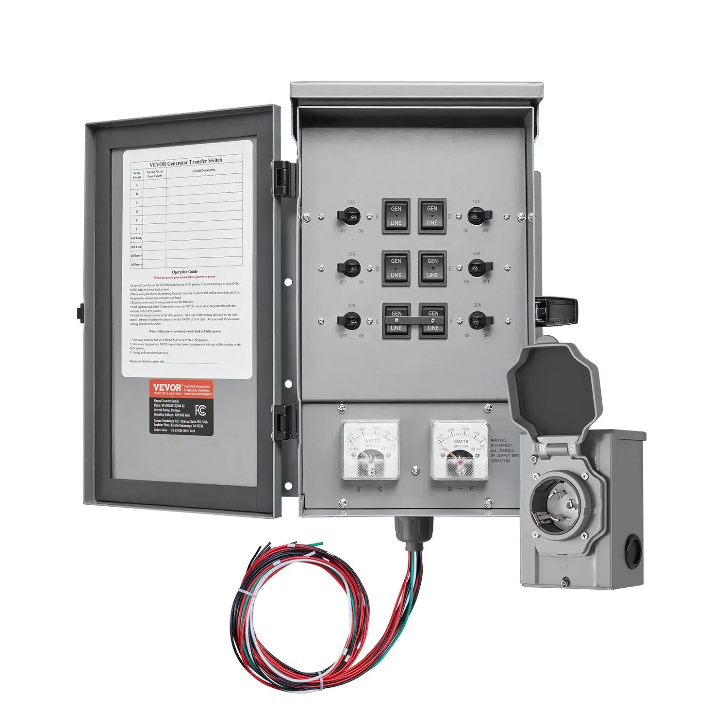 【DealsForYouDays】VEVOR Manual Transfer Switch, 30-Amp 6-Circuit, Prewired Generator Transfer Switch Kit with NEMA L14-30P Power Inlet Box, Double-Throw Switch, NEMA 3R, Mechanical Watt Meter, for 7500W Generators