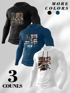 American Outdoor Deer USA Flag Print Compression Hooded Long Sleeve 3 Pack, Stretch Quick Dry Hunting Gym Slim Base Hoodie