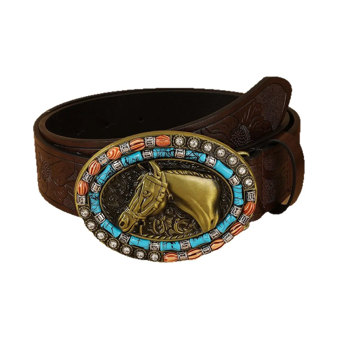Maroon Leather Belt for Men & Women, Western Style with Lychee Embossed Pattern & Vintage Large Oval Turquoise-Inlay Buckle, Unisex Names, Western Belt, Heavy Duty, Belts