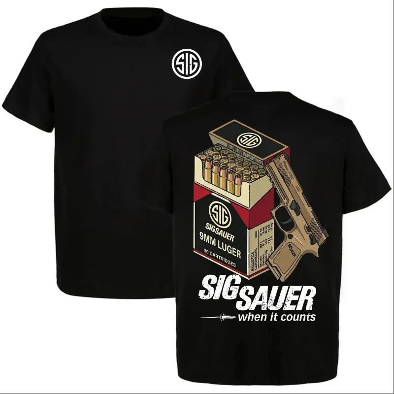 SIG Sauer 9mm Ammo Box & Gun Graphic T-shirt, Classic Gun Lovers Tee, Tactical Style, Full Size, Full Color #     StreetwearTshirt #     OversizedTee #     UnisexTshirt