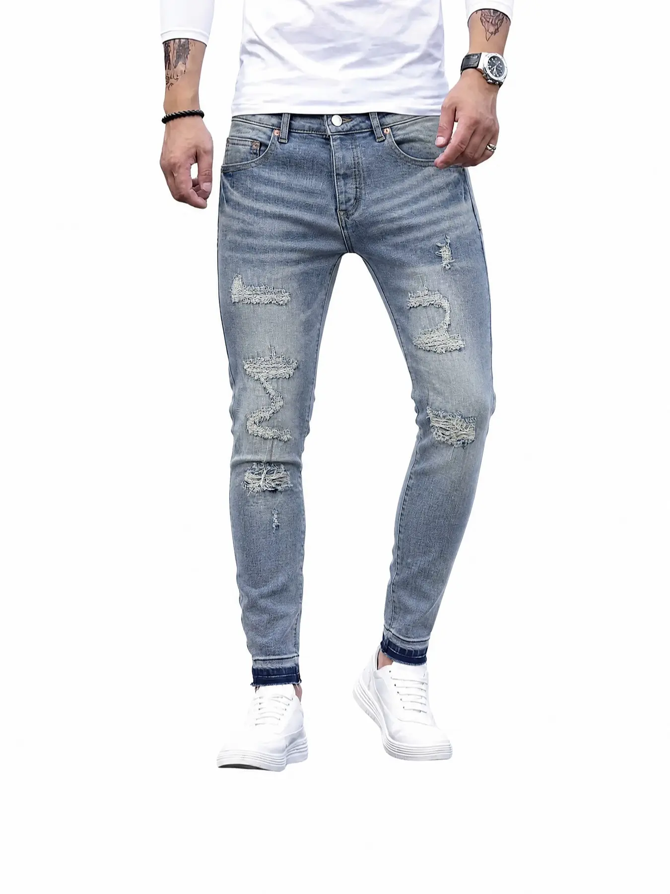 Men's Vintage Light Blue Washed Distressed Jeans, High Street Ripped Patch Elastic Slim Fit Skinny Long Pants, American Style