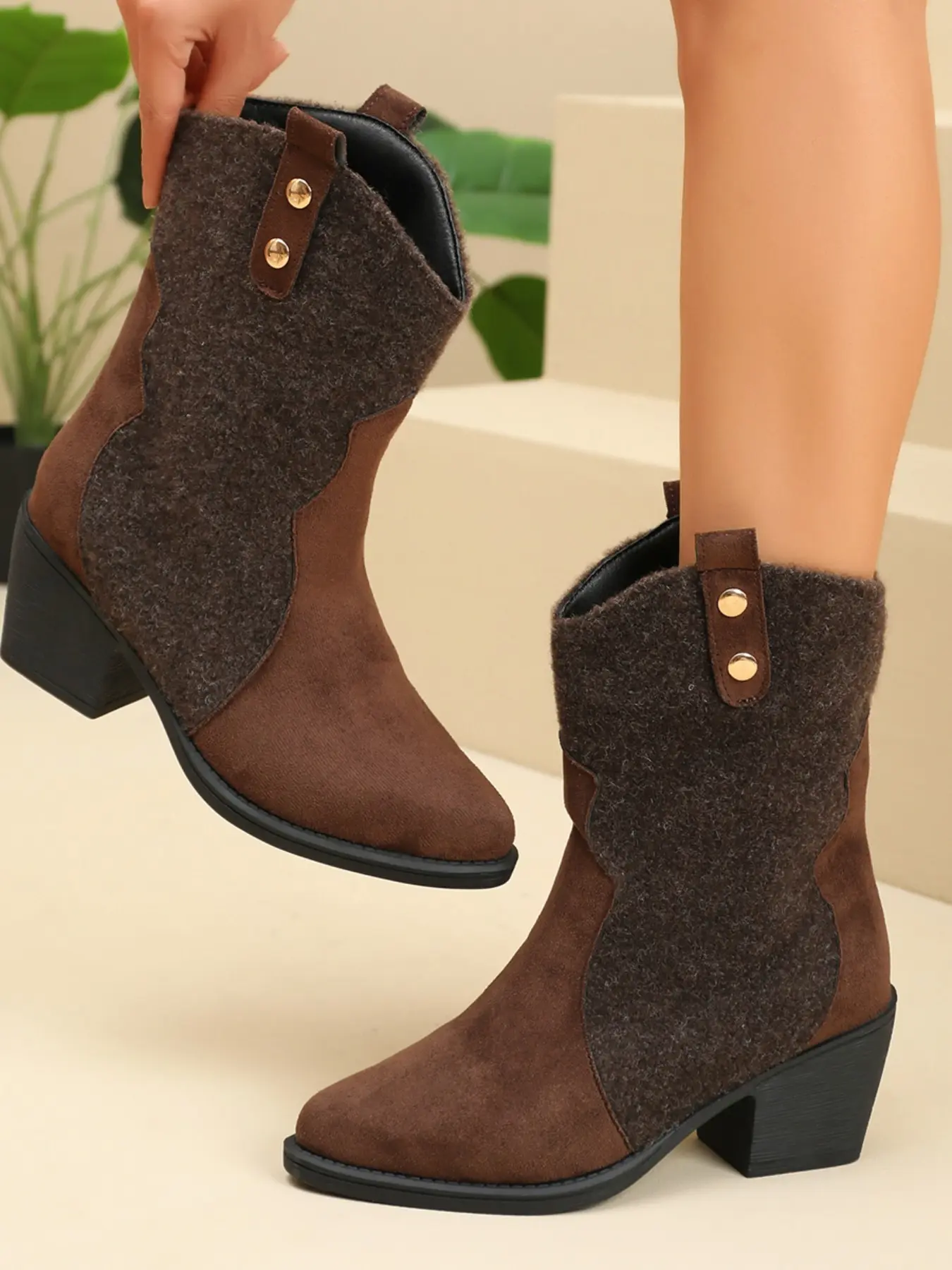 Women's New Patchwork Western Boots, Thick Heel Retro Boots, Fleece Lined Pointed Toe, Western Style, Vintage, Workwear, Countryside Style