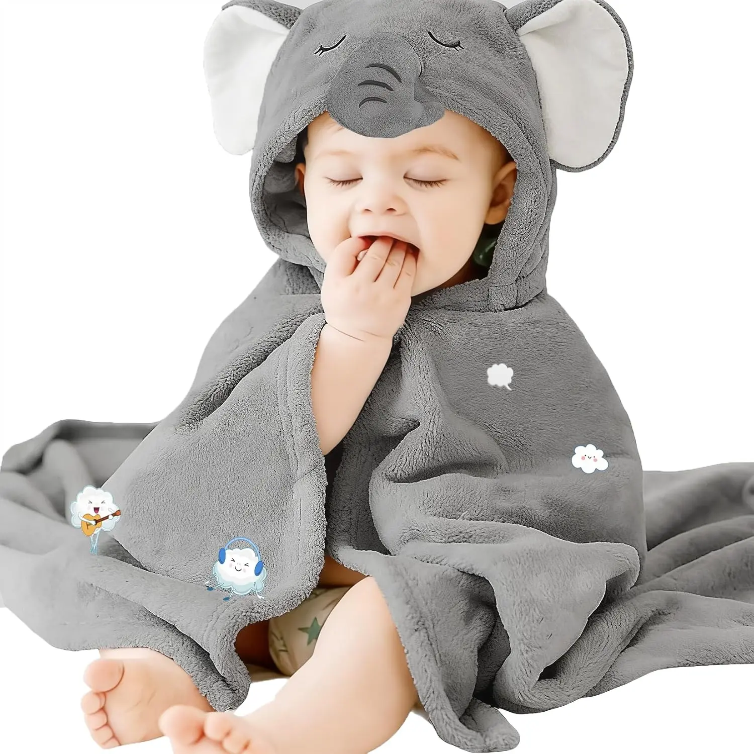 Toddler Baby Bath Towel with Hood 27.5"X55" Ultra Absorbent Soft Cozy Comt Bathrobe Blanket, 0-6 Years Infant Shower Towel  Girls & Boys(Grey Elephant)