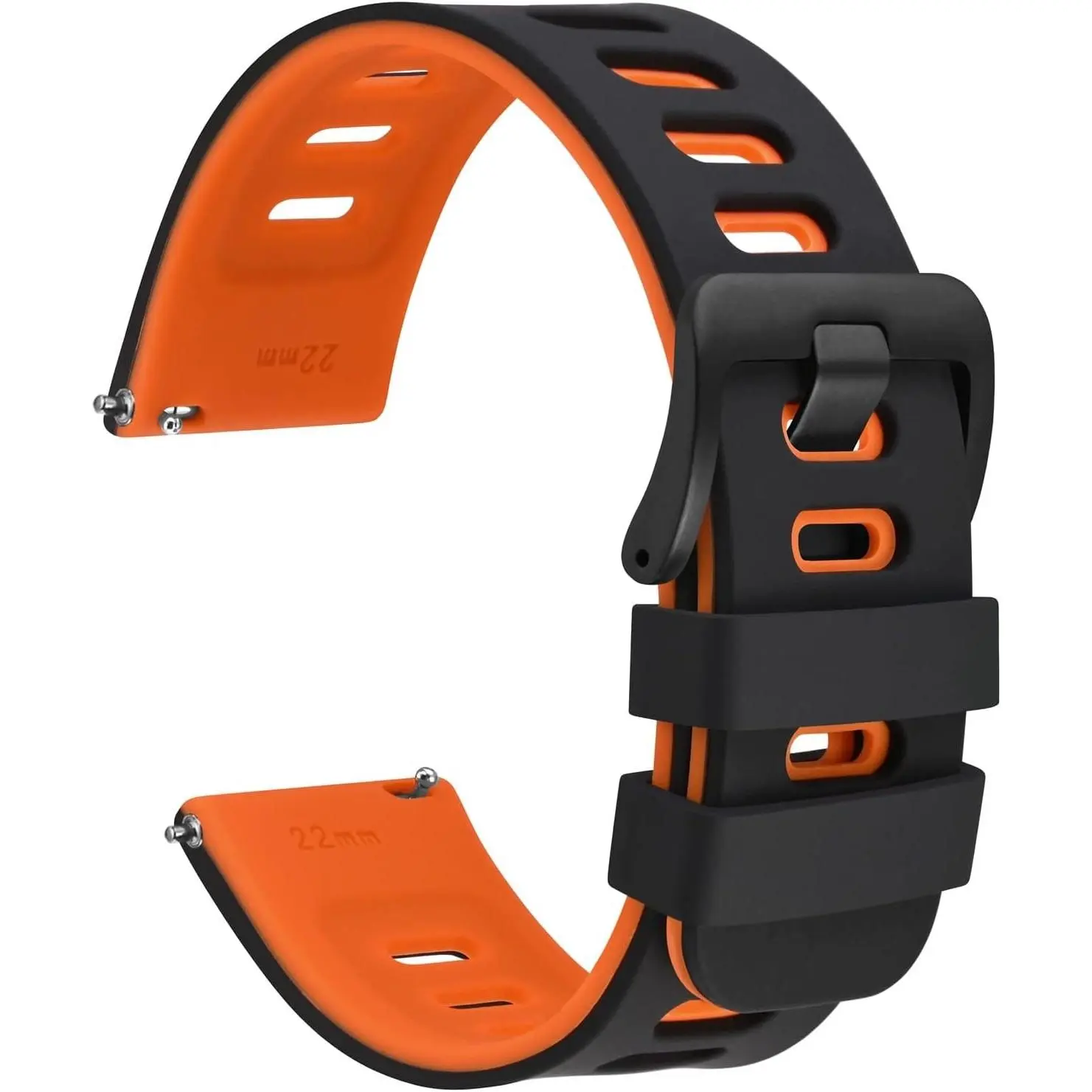 22mm Bicolor Silicone Watch Band with Quick Release, Replacement Strap for Men and Women, Black Stainless Steel Buckle (Black-Orange)Gift