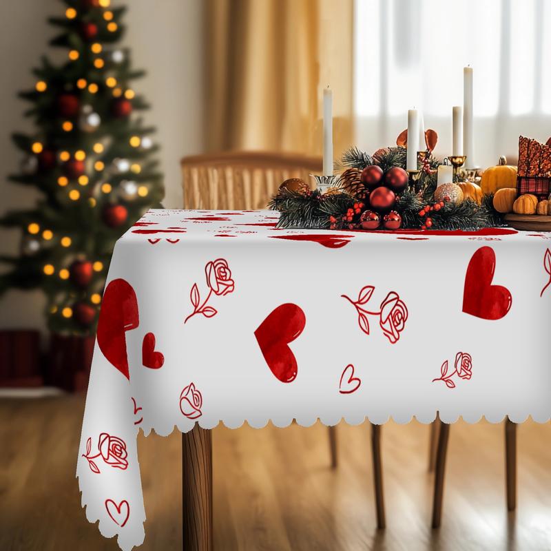 Valentine's Day Tablecloth Set Romantic Heart & Rose Pattern Embossed Edge 100% Polyester Machine-Woven Round & Square Covers for Home Kitchen Patio Solid Color Love Theme Decor