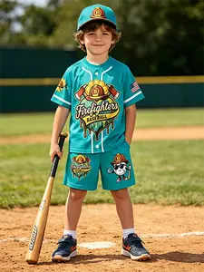 Kids Firefighter Baseball Mascot Pajama Outfit Retro Orange Fake Button Baseball Jersey and Matching Shorts with Fireman Hat and Axe Print for Toddler Big Boys Girls Summer Loungewear Casual Homewear and Playwear