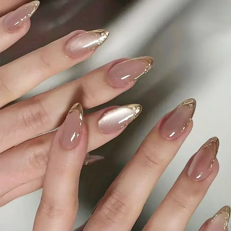 Luxury Cat‑Eye Gold‑Foil Almond Press‑On Nails, Elegant French‑Tip Fake Nail Kit, Reusable Glossy Full‑Cover Manicure Accessory, for Date‑Night, Formal Occasions & Premium Beauty‑Theme Gifting