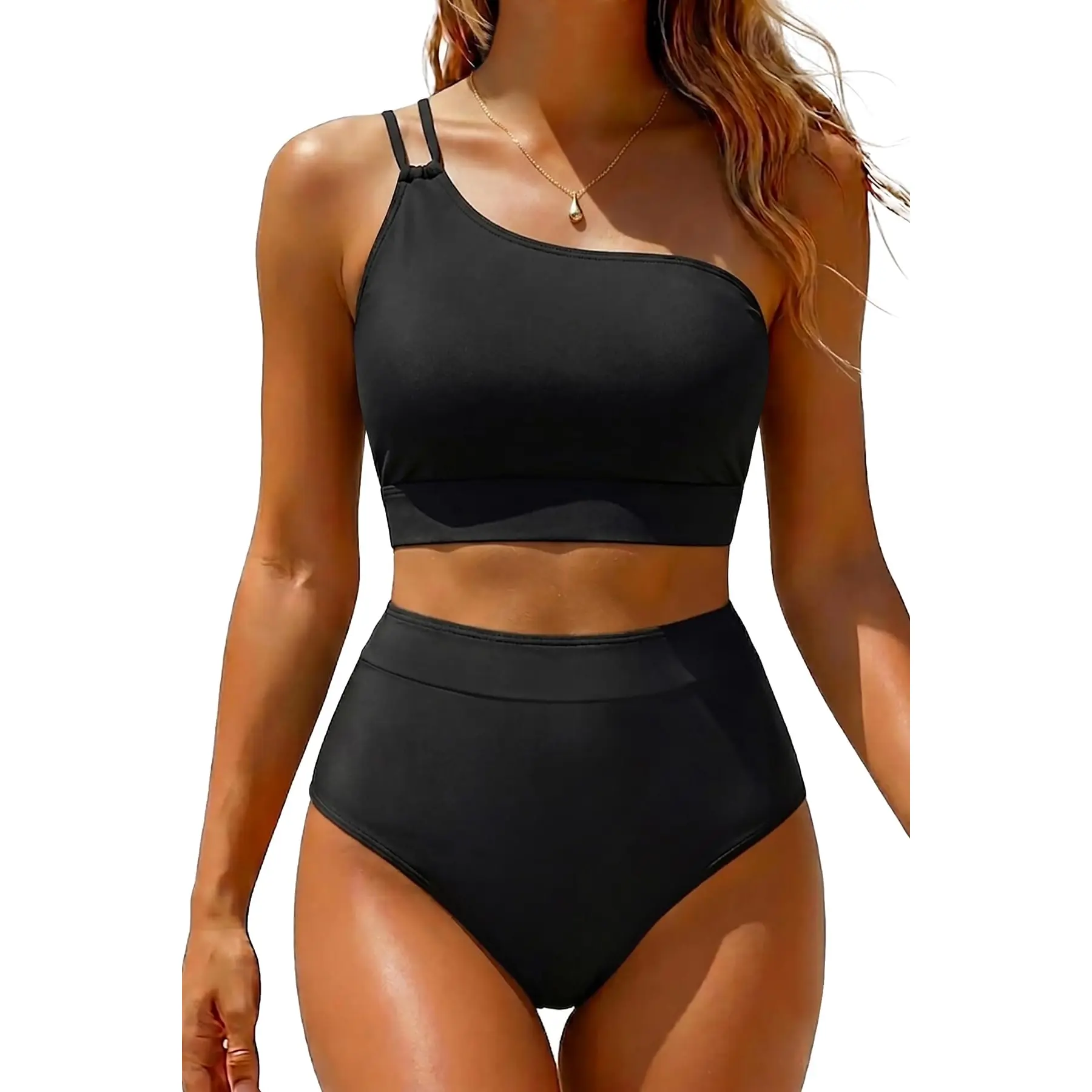 Yonique Women's High Waisted Bikini - One Shoulder Two Piece Swimsuits Tummy Control Full Coverage Bathing Suits