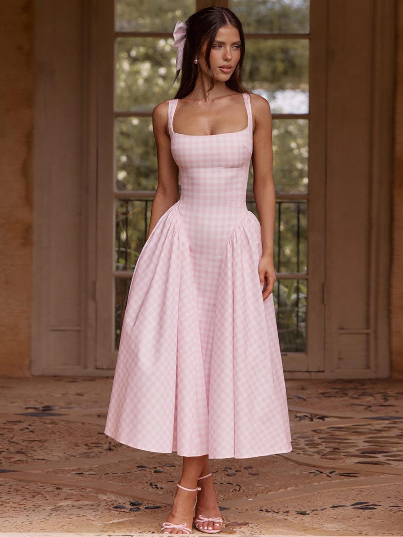 Women's Gingham Print  Square Neck Tank Dress, Chic Fashion Casual Sleeveless A Line Dress for Daily Outdoor Wear, Ladies Dress for Summer