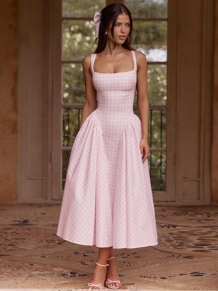 Women's Gingham Print  Square Neck Tank Dress, Chic Fashion Casual Sleeveless A Line Dress for Daily Outdoor Wear, Ladies Dress for Summer