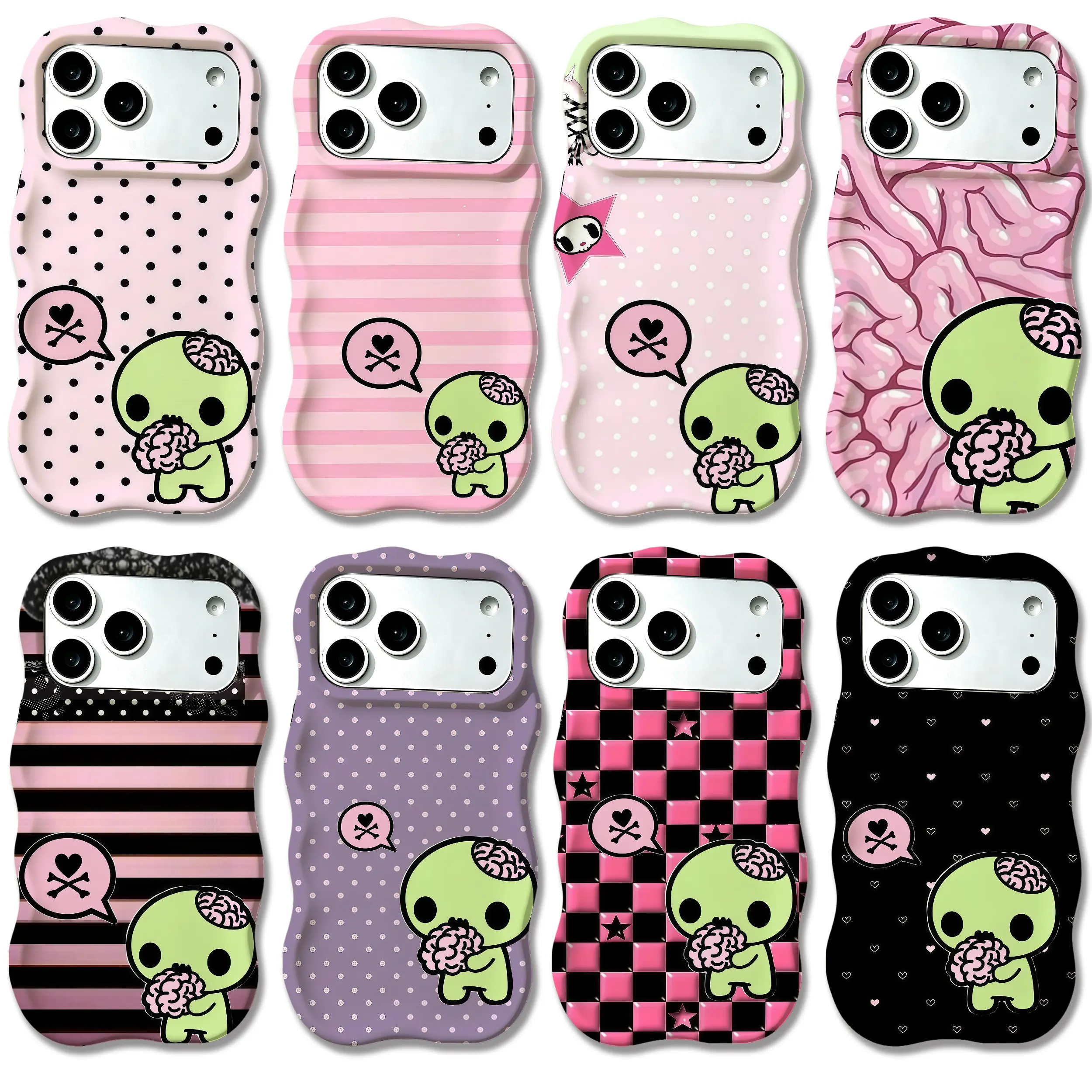 Weirdcore Brain Alien Cartoon Mixed Pattern Wavy 2-in-1 Film Texture Phone Case For iPhone 17 Air/17 Pro Max/16/15/14 Plus/13/12/11, Pastel Goth Y2K Coquette Aesthetic Anti-Scratch Shockproof Protective Cover  #BLEHYFLKWXR1