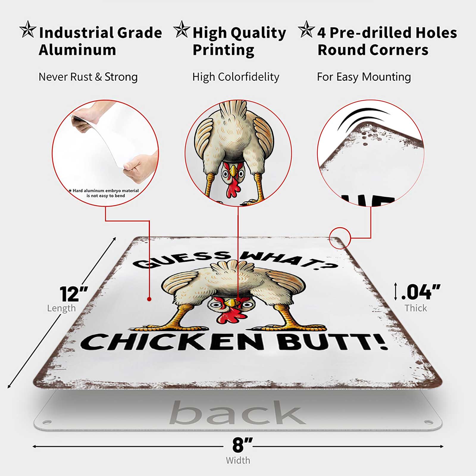 Guess What? Chicken Butt! Funny Chicken 8x12 Inch Aluminum Metal Sign - Humorous Wall Decor for Kitchen, Farmhouse, Chicken Coop, Dorm Room - Retro Tin Sign Gift for Chicken Lovers & Humor Fans