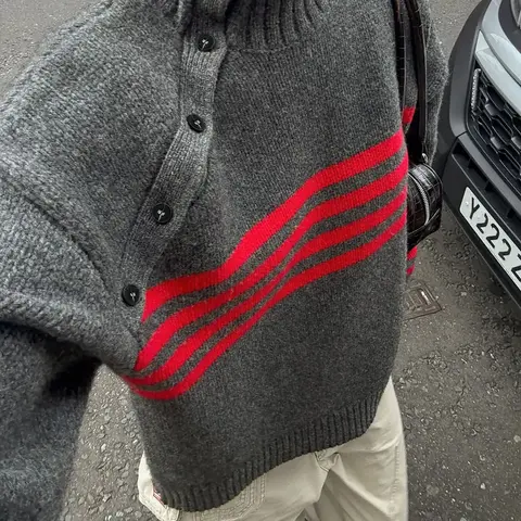 Women's Striped Pattern Mock-Neck Button Design Long-Sleeve Sweater, Casual Street Style Knit Pullover for Fall & Winter, Versatile Cozy Jumper for Commuting & Daily Wear