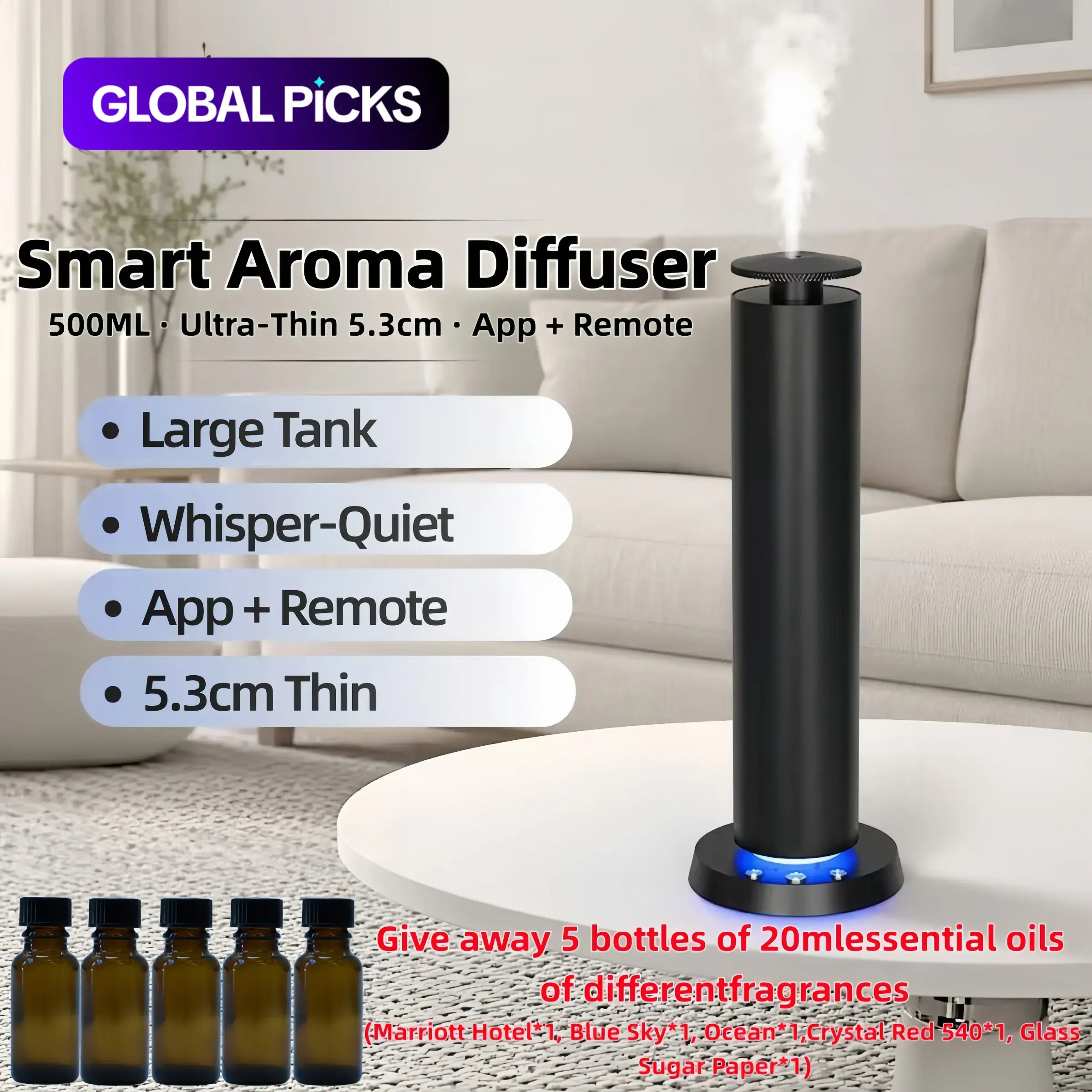 Bluetooth-compatible Smart Aroma Diffuser with APP Control, 3-Level Fragrance, 2/4/8h Timer, 3-Color Night Light, Anti-Tip Base, Ideal Gift, Essential Diffuser #GLOBAL PICKS