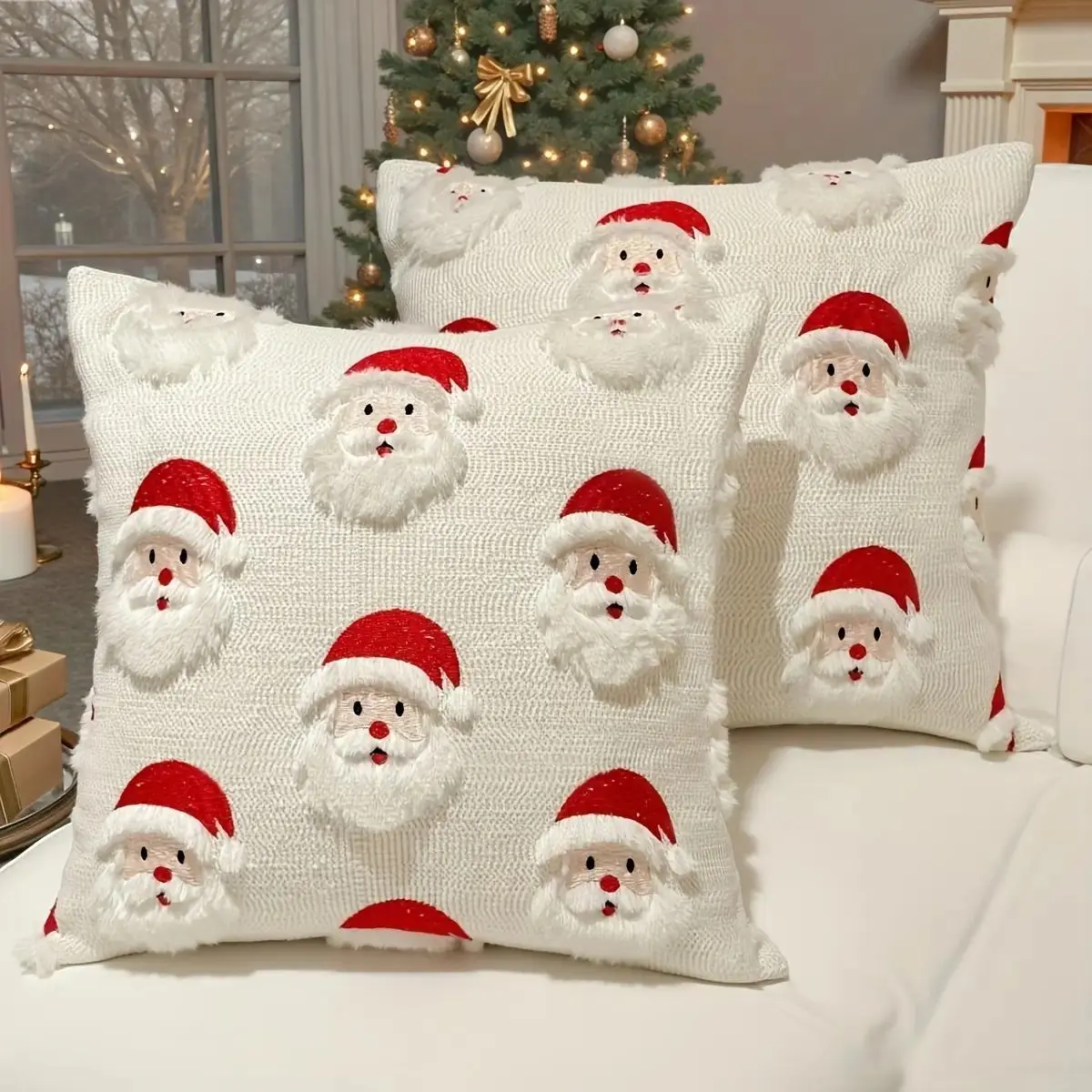 Christmas Pillow Covers 18x18 Inch Set of 2 Jacquard 3D Xmas Embroidery Faux Fur Throw Pillows Cover Winter Holiday Season Cushion Covers Christmas Decorations