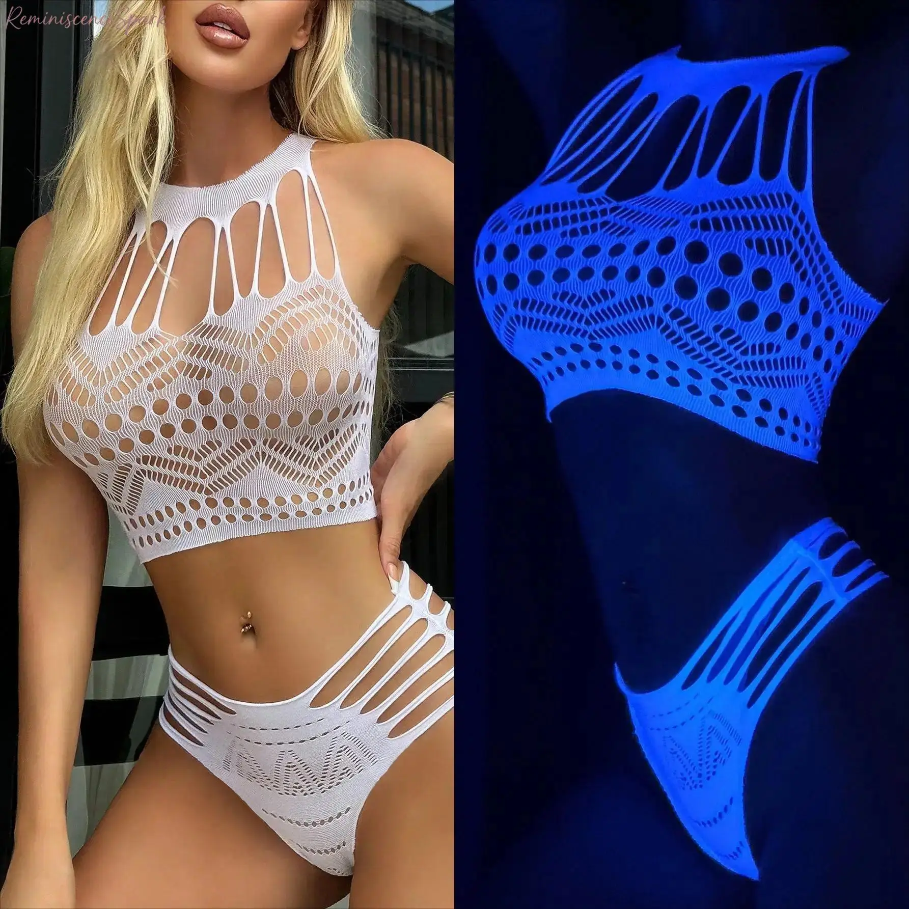 Two Piece Fishnet Knit Outfit Set, Sheer Hollow-Out Luminous Stretch Mesh Outfit, See-Through Form Fitting Cover-Up, Ideal Attire for Raves, Nightclub, Music Festival and Beach Parties