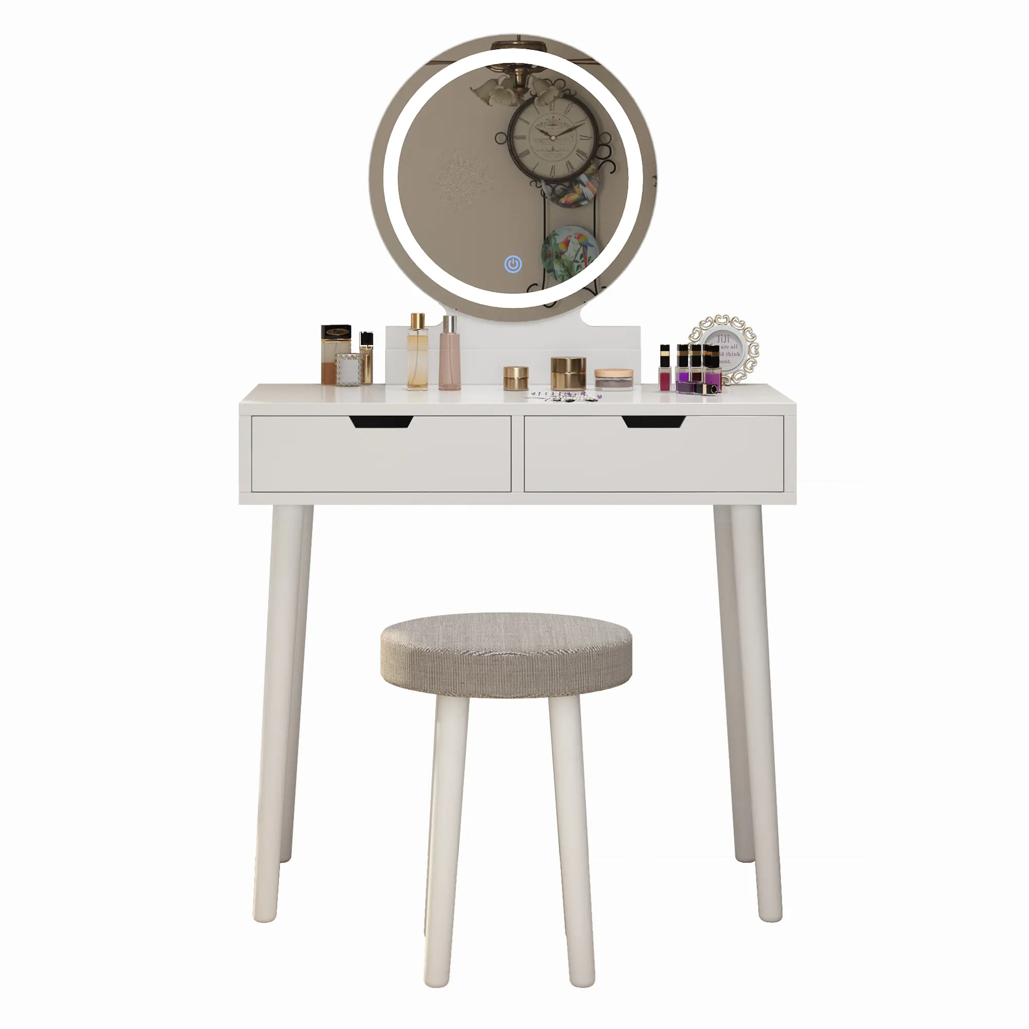 Elegant Makeup Vanity Table with Touch Control Lighted Mirror, 2 Storage Drawers and Matching Stool, Modern Bedroom Dressing Table for Cosmetics Jewelry Accessories Storage