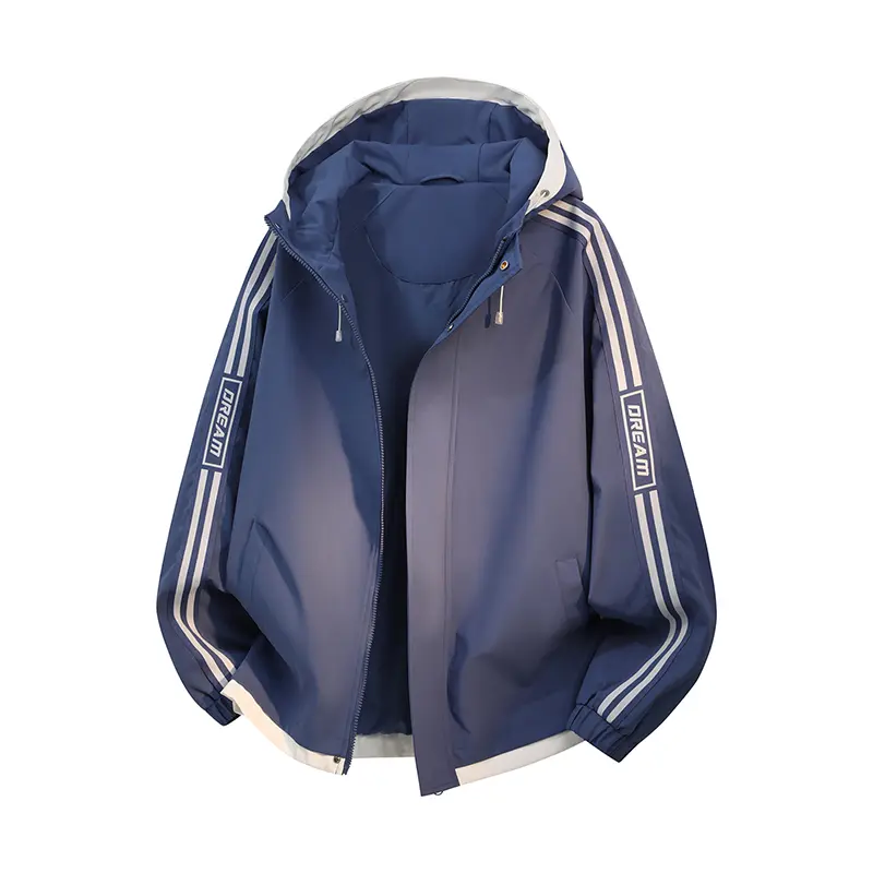Men's Sporty Stylish 2-Side Stripe Letter-Print Hooded Windbreaker Jacket - Menswear Tops, Full-Zip Snap-Button Placket, Adjustable Hood, Drawstring Cuff, Loose Oversized Fit, Lightweight Windproof Fabric, Long Sleeve Casual Outdoor Coat for Spring Autumn