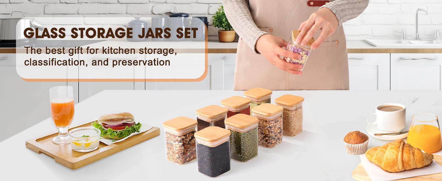 THE WELL KEPT Glass Spice Jars  Bamboo Lids - 9 Oz Small Square Storage Jars  Airtight Lids Clear Pantry Food Storage Containers Glass Canister Set  Labels for Kitchen Coffee Sugar Flour(Set Of 10)