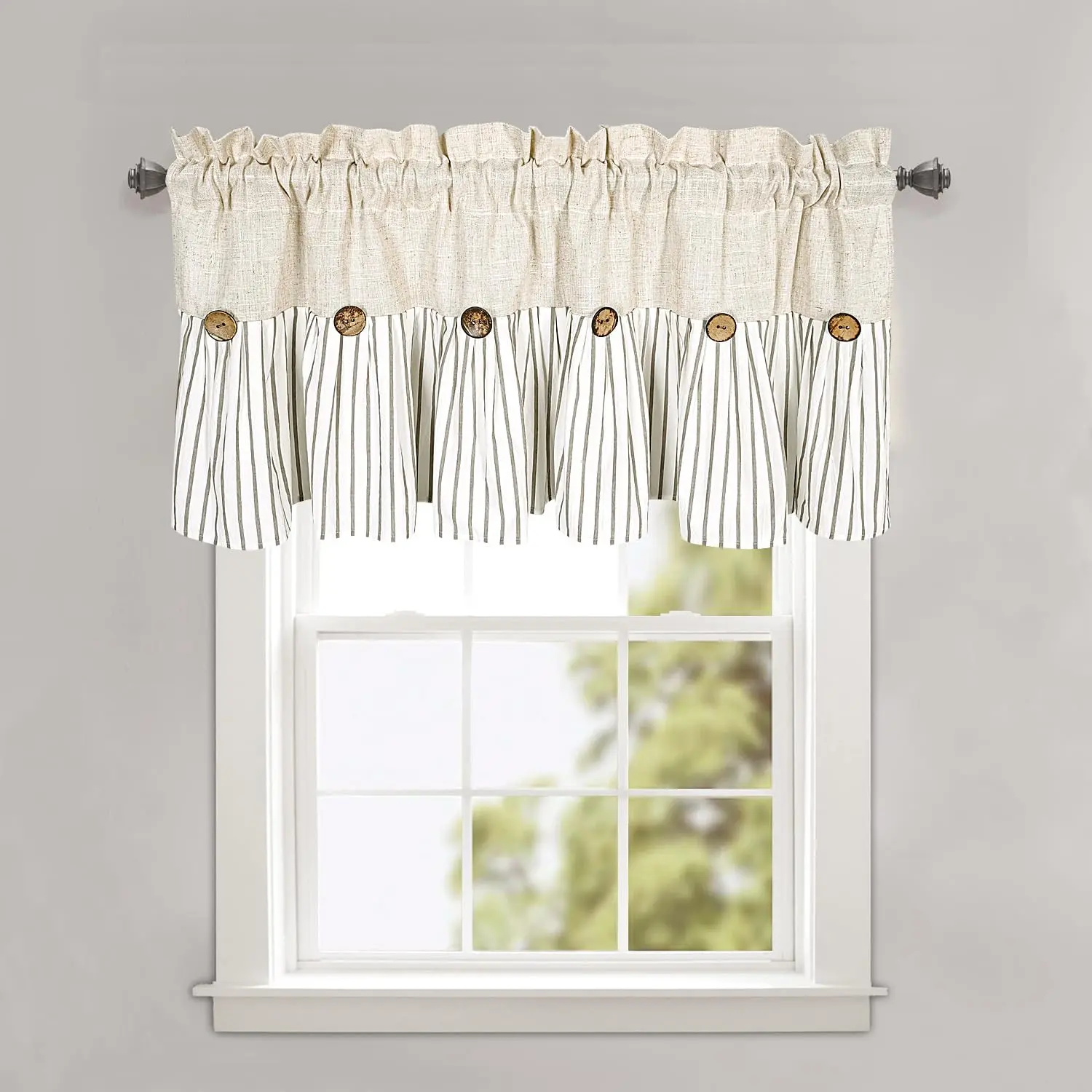 Ides  Rustic Linen and Grey  Striped Pleated Valance Curtain with Coconut Buttons for Kitchen, Living Room, Bedroom, 52" W x 18" L