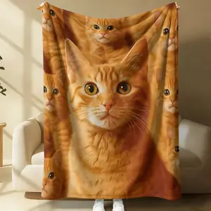 Realistic Orange Tabby Cat Flannel Throw Blanket, 3D Ginger Kitten Face Repeat Print Plush Fleece, Soft Cozy Multi-use Blanket for Sofa, Bed, Camping, Cute Decor Gift for Cat Lovers, Pet Moms, Animal Fans