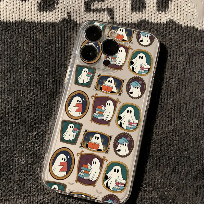 Vintage Frame Book Loving Ghost Sticker Phone Case, Dark Academia Cute Halloween Doodle Style for iPhone 17 16 15 14 13 12 11 Plus Pro Max, Bookish Spooky Aesthetic Gift