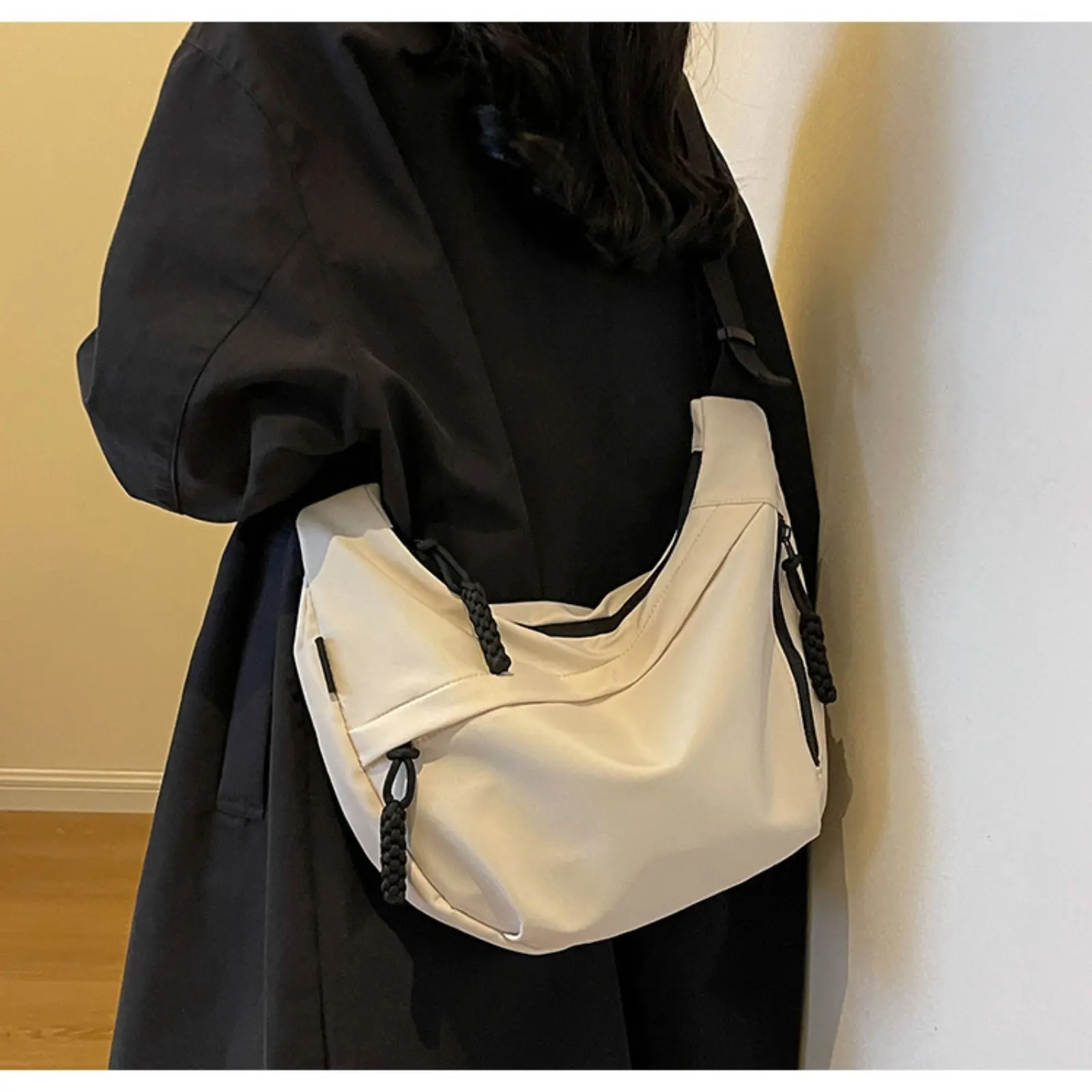 Black Nylon Adjustable Buckle Hobo Crossbody Bag, Minimal Street Casual Trend Multi Zipper Shoulder Pouch, Soft Wrinkle Resistant Crescent Sling Bag, Lightweight Daily Carry Bag for Shopping Outdoor Sports Travel School