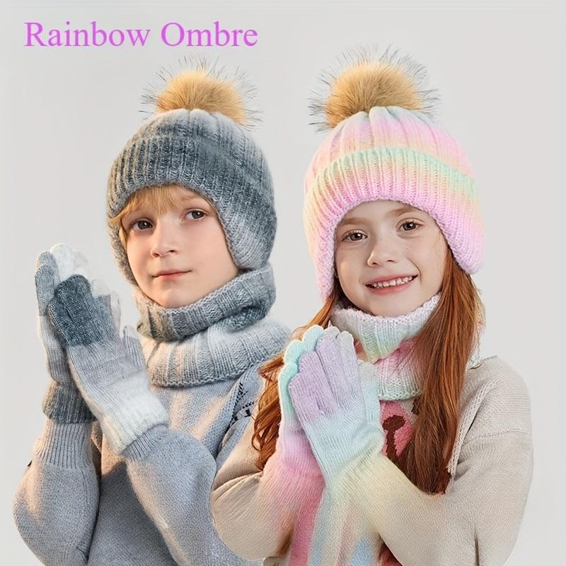 Ombre Gradient Beanie Hat with Ear Flaps - Stretchy Unisex Winter for Boys & Girls 3-10 Years, Elastic Fit, Soft Warm Knit with Color-Changing Design, Cute Winter Hats