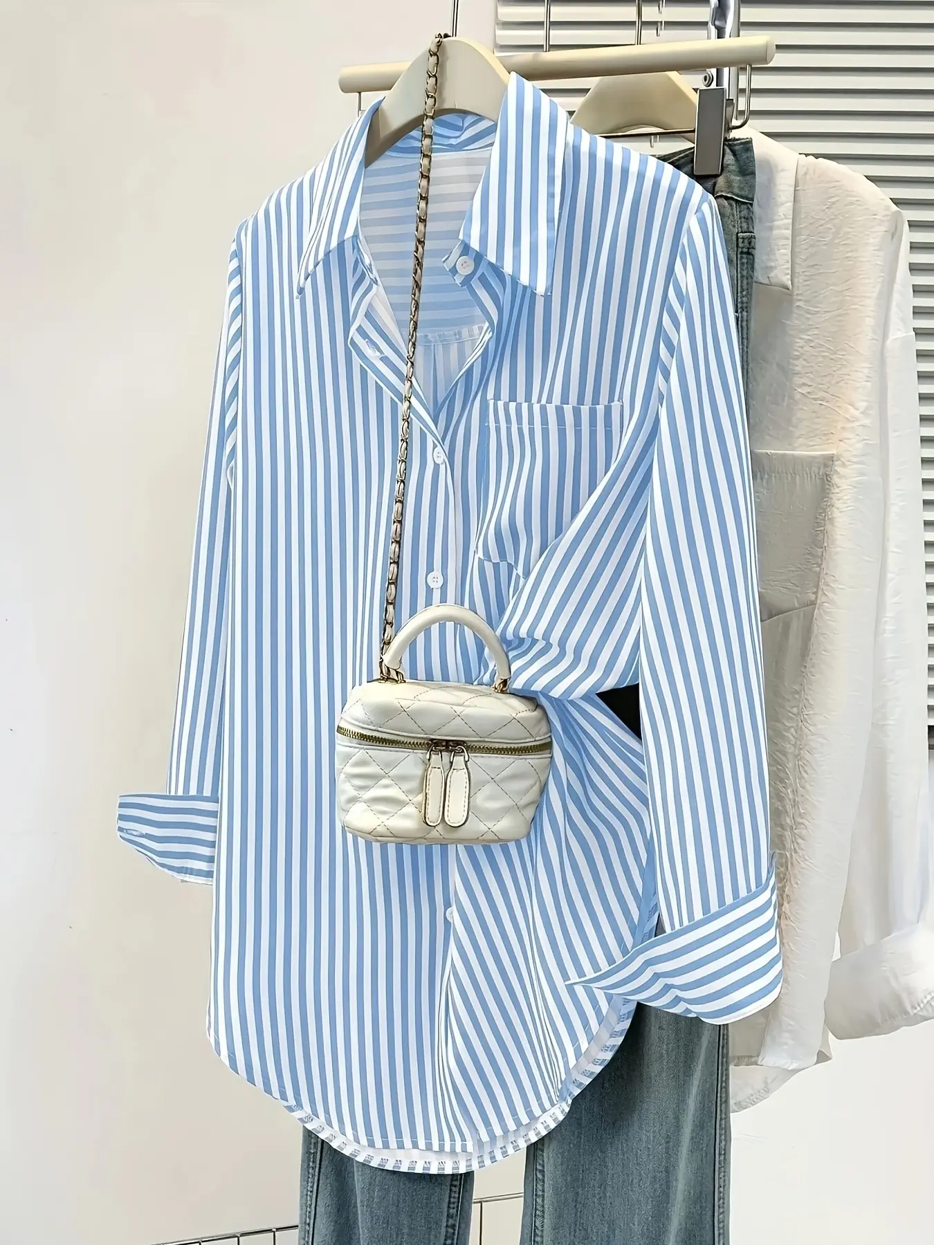 Plus Size Striped Blouse Casual Roll-Sleeve Pocketed Collared Shirt, Y2K Clothes Summer Daily Wear, Casual Comfy Striped Trendy Relaxed Tops, Comfortable Loose Fit Casual Ensembles, Stylish Asymmetric Knot Detail Party Casual Wear