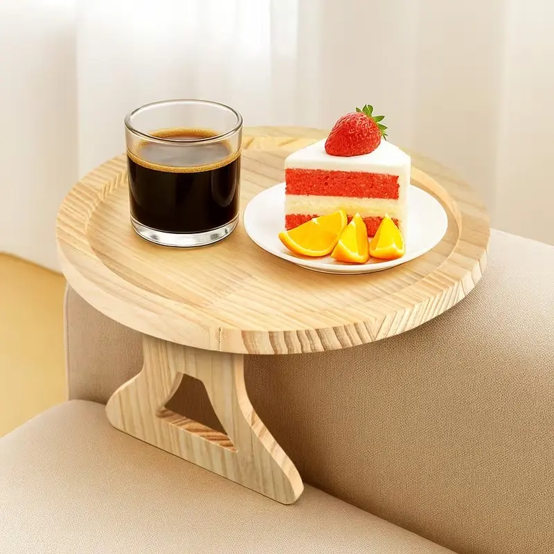 Foldable Wooden Sofa Armrest Tray, Round Space-Saving Storage Holder, Ideal for Remote Control, Drinks, Coffee, Snacks, Phone