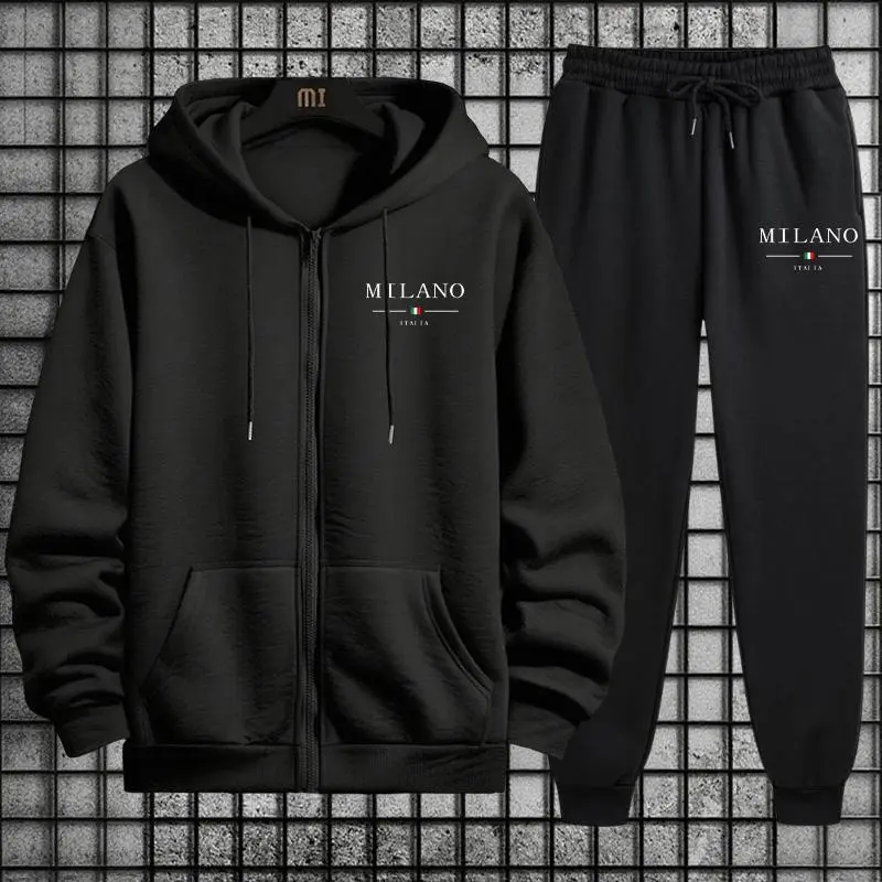 2 Piece Set Hooded Coat Jogger Pants Casual Outfits 2025 New Trendy Men's Zipper Hoodie Black Sweatpants Italy Fashion Tracksuit