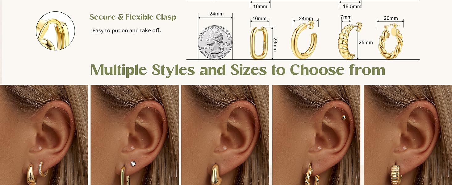 BESTEEL 12 Pairs Chunky Gold Hoop Earrings Set for Women Trendy Hypoallergenic 14K Gold Plated Thick Stainless Surgical Steel Stud Huggie Earring Stacks Pack Jewelry for Sensitive Ears