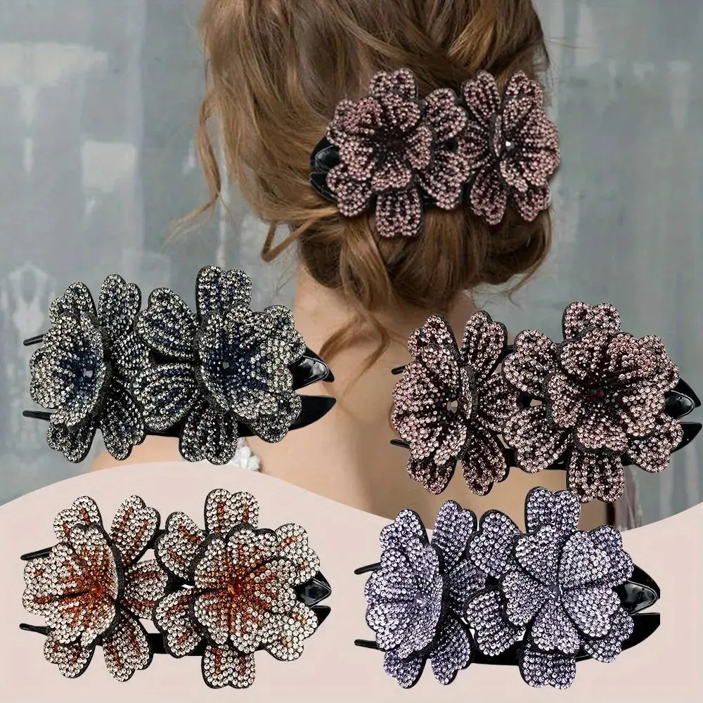 4pcs Sparkly Rhinestone Flower Hair Clips for Women – Glittery Double Flower Hair Claws, Elegant Plastic Barrettes for Thick Long Hair, Perfect for Birthday Gifts, Parties, and Weddings, Hair Accessories tiktokshopspringglowup summerwins