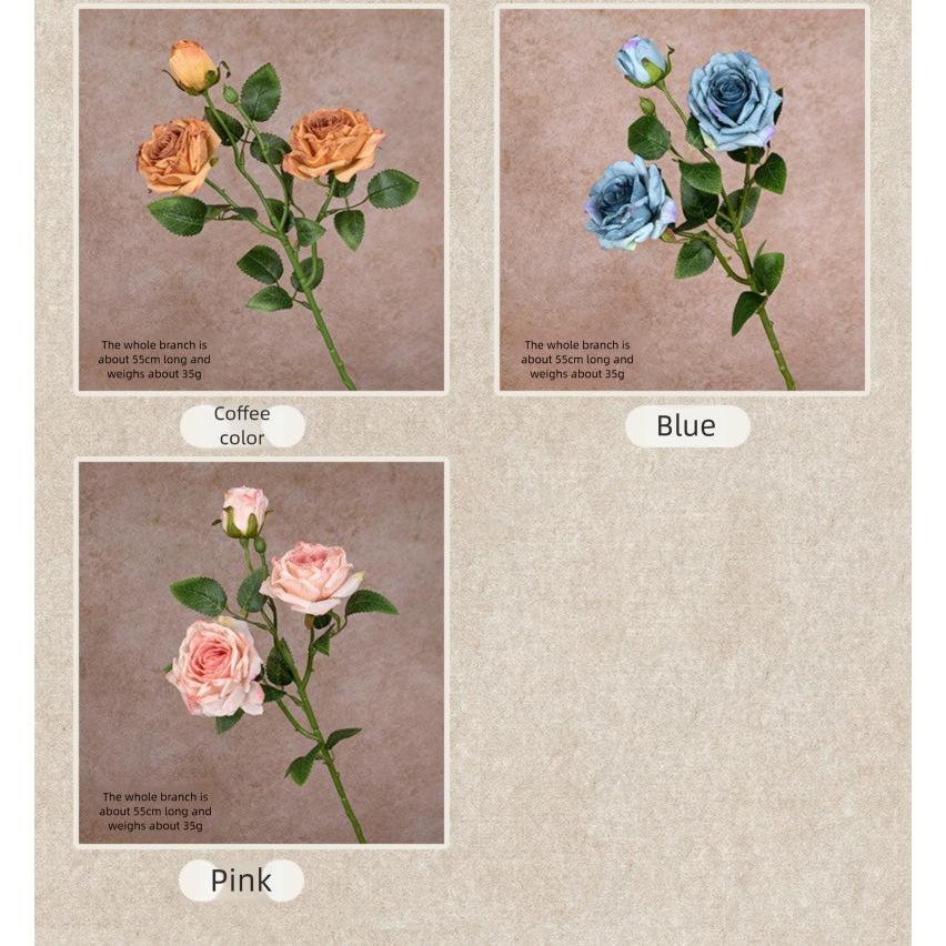 French Style Artificial Single Branch 3-Head Burnt Edge Rose Vintage Home Living Room Decoration Fake Dried Flower Bouquet High-End Feel
