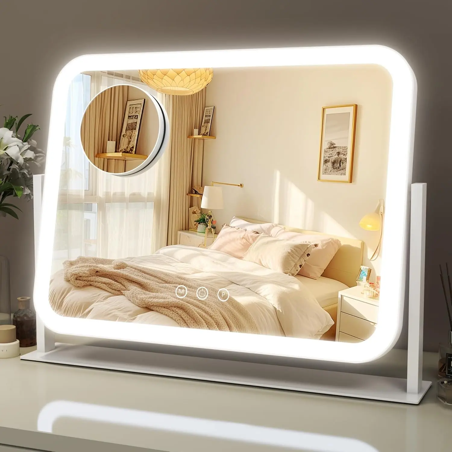 Elegant Lighted Vanity Mirror (White) - 17"x13" Indoor Furniture, 10X Magnification, 3 Color Lighting Modes, Smart Touch Control, 360° Rotation, Home & Bedroom Decor, Gift for Women
