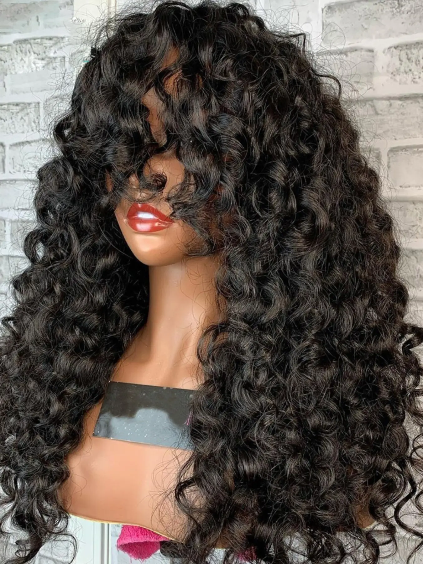 Soft Long 26 Inch 180 Density Natural Black Kinky Curly With Bangs Deep 13x4x1 Front Lace Wig, Frontal Lace Wigs, Glueless Synthtic Pre-Plucked Heat Resistant Daily Wear Wig