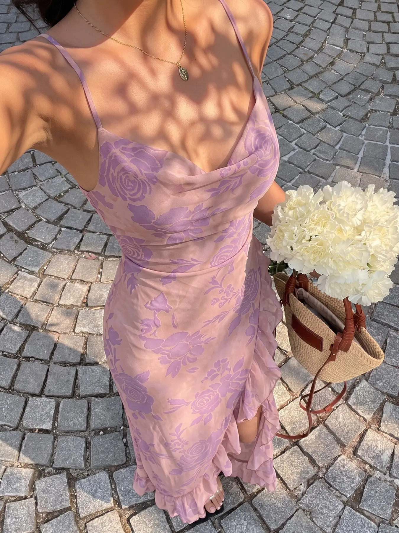 Women's Spaghetti Strap Cowl Neck Floral Print Chiffon Maxi Dress - Backless Ruffle Hem Side Split Flowy Sundress Romantic Purple Rose Flowers Pattern 2026 Summer Vacation Formal Wedding Guest Resort Cocktail Long Midi Dress #romanticstyle #coquette #ootd