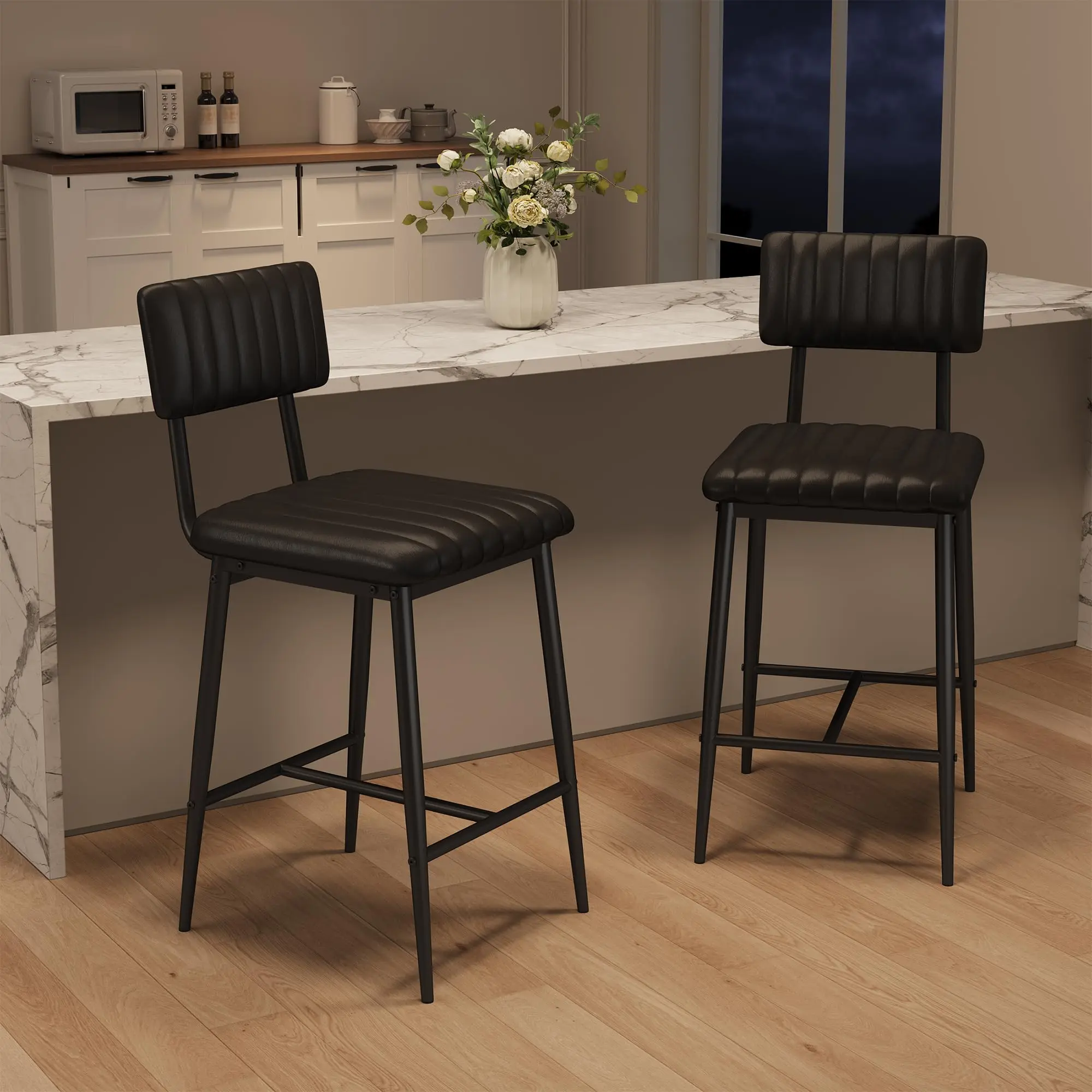 Set of 2 Counter Height Bar Stools 25.6 Inch, Modern Kitchen Island Chairs with Back, 400lbs Heavy Duty Steel Frame, Waterproof PU Leather Seat, Ergonomic Lumbar Support, Easy Assembly Dining Stools for Home Bar Breakfast Nook, Black/Grey