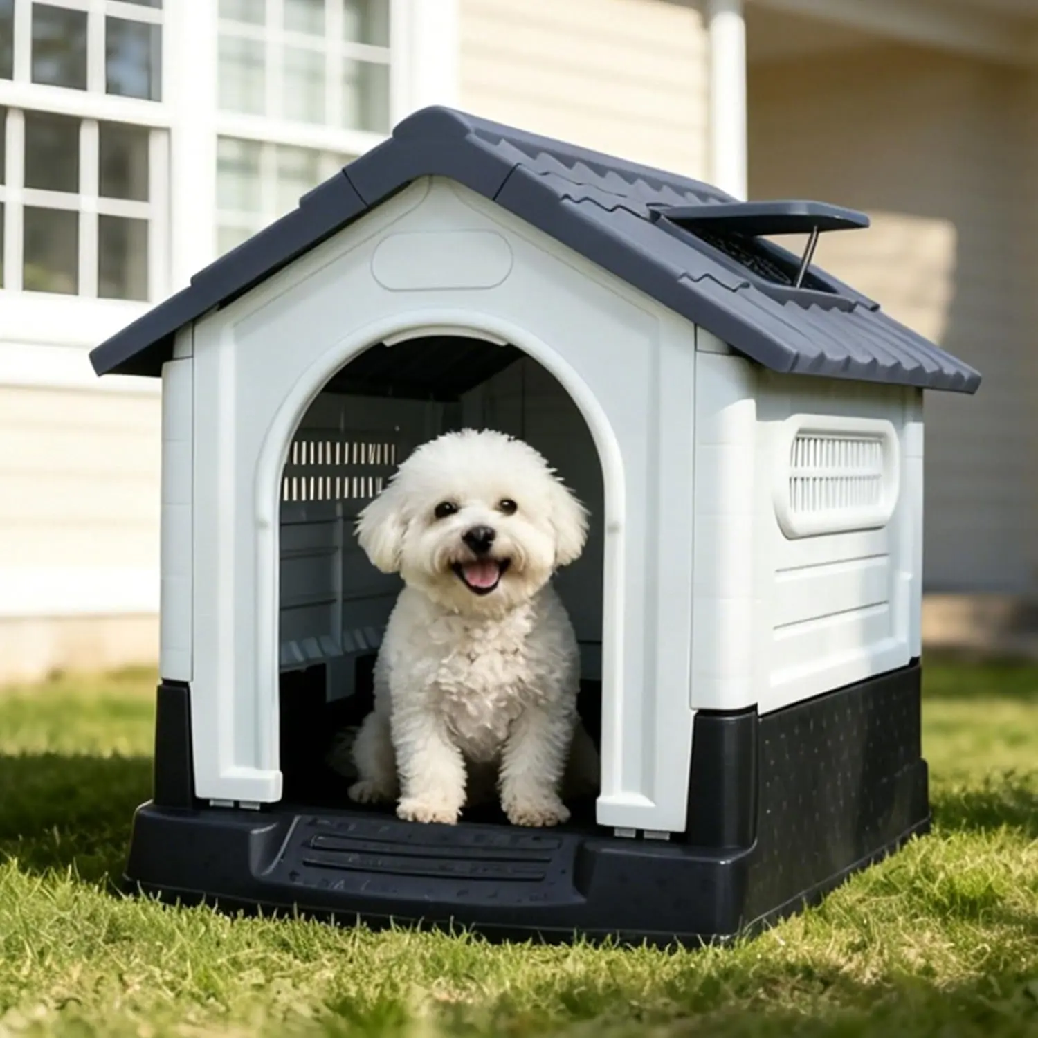 Weatherproof Plastic Dog Kennel for Small Dogs – Adjustable Skylight, Elevated Base, Collapsible & Waterproof – Easy Assembly, Ideal for Yard, Patio, Indoor & Outdoor Use