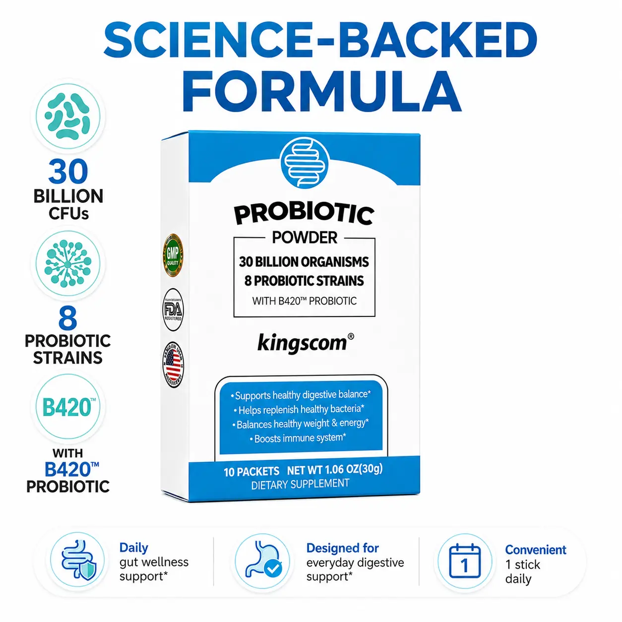 Kingscom Probiotic Stick Packs, 30 Billion CFUs Multi-Strain Probiotic Powder, Supports Gut Flora Balance & Digestive Wellness, Daily Dietary Supplement for Adults, 10 Sticks first 3-in-1 pre