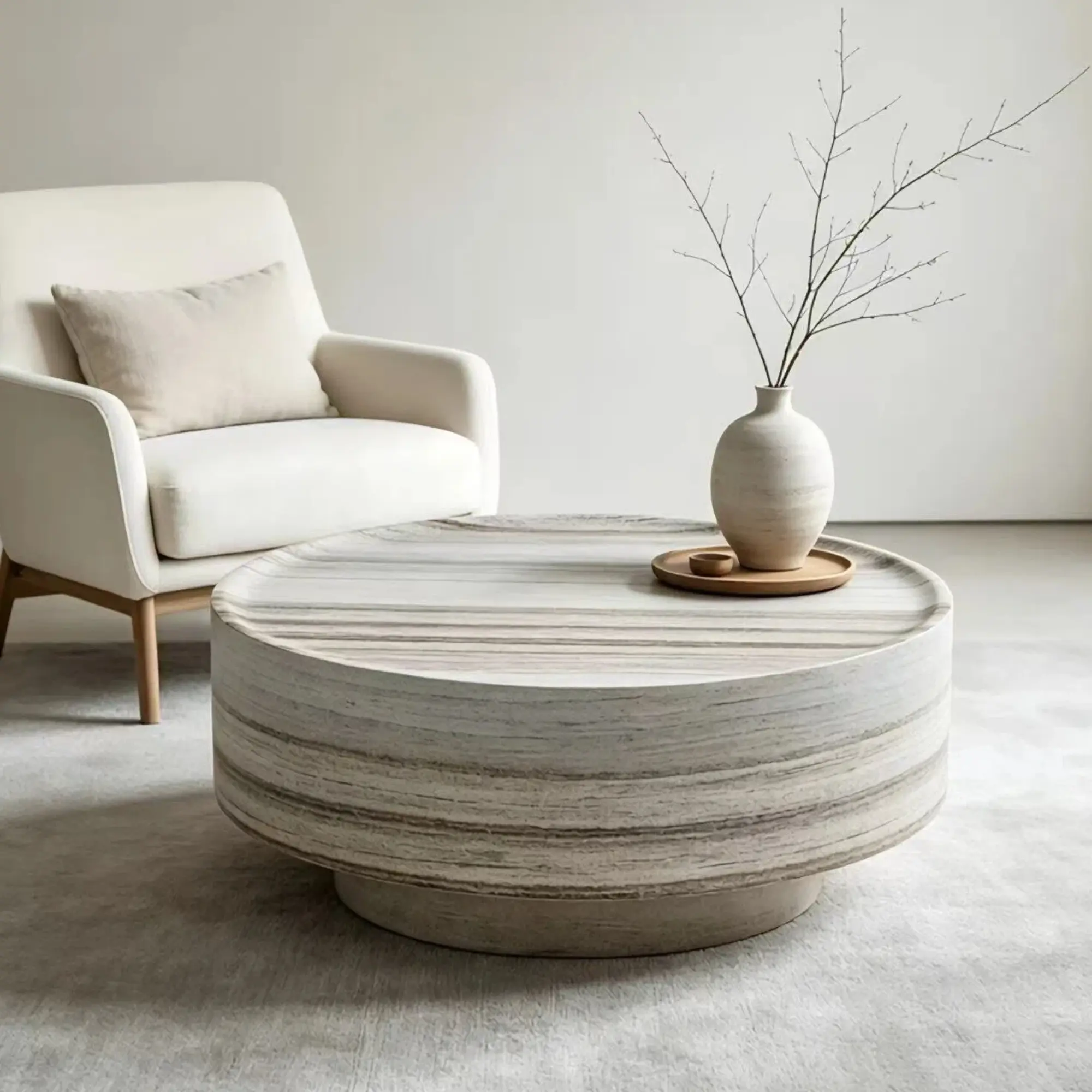 ARCH Round 31.5" Coffee Table for Living Room, Fiberglass Light Gray Drum Coffee Table, Natural Stone Texture, Sturdy Freestanding Table, Stain & Scratch Resistant, Easy Clean, Modern Minimalist Accent Table for Family Room, Light Gray Color Options