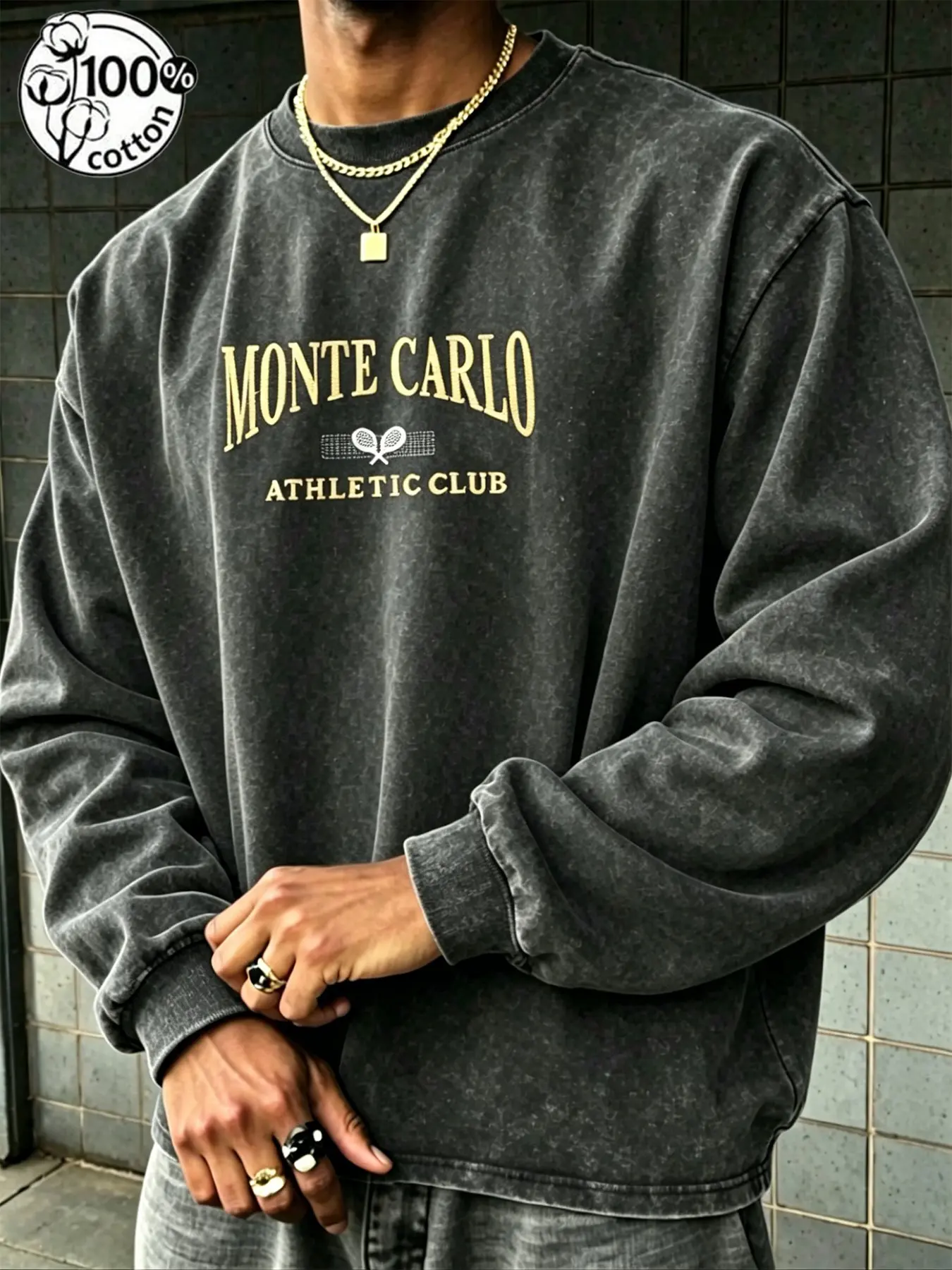 Unisex 100% Cotton Acid Washed Black Grey Crewneck Long Sleeve Sweatshirt with "Monte Carlo Athletic Club" Tennis Print Old Money Retro Vintage Sportswear Casual Top