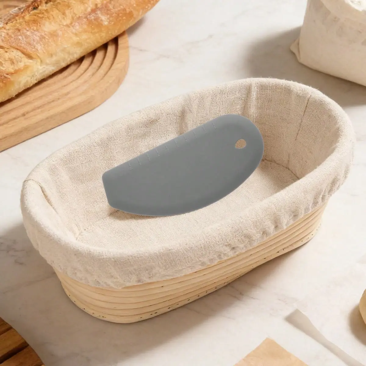 Banneton Bread Proofing Basket with Silicone Bench Scraper, Sourdough Starter Set, Oval Shape, Ideal for Home & Bakery Use, Bread Making Accessories