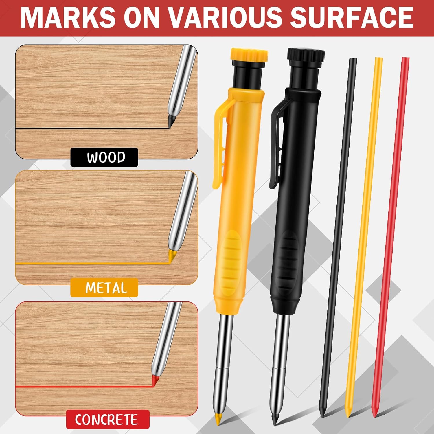 8 pack 2.8mm Mechanical Carpenter Pencils with 48 Refills, Construction Pencils with Built-in Sharpener, Long Nib Deep Hole Marker, Heavy Duty Woodworking Tools (Black+yellow)