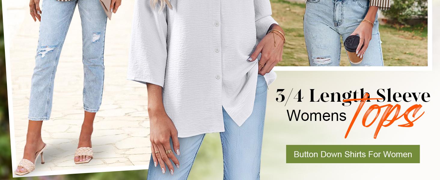 OFEEFAN Button Down Shirts for Women 3/4 Length Sleeve Tops V Neck Blouses Business Casual Outfits Loose Fitmenswear Basic Minimalist