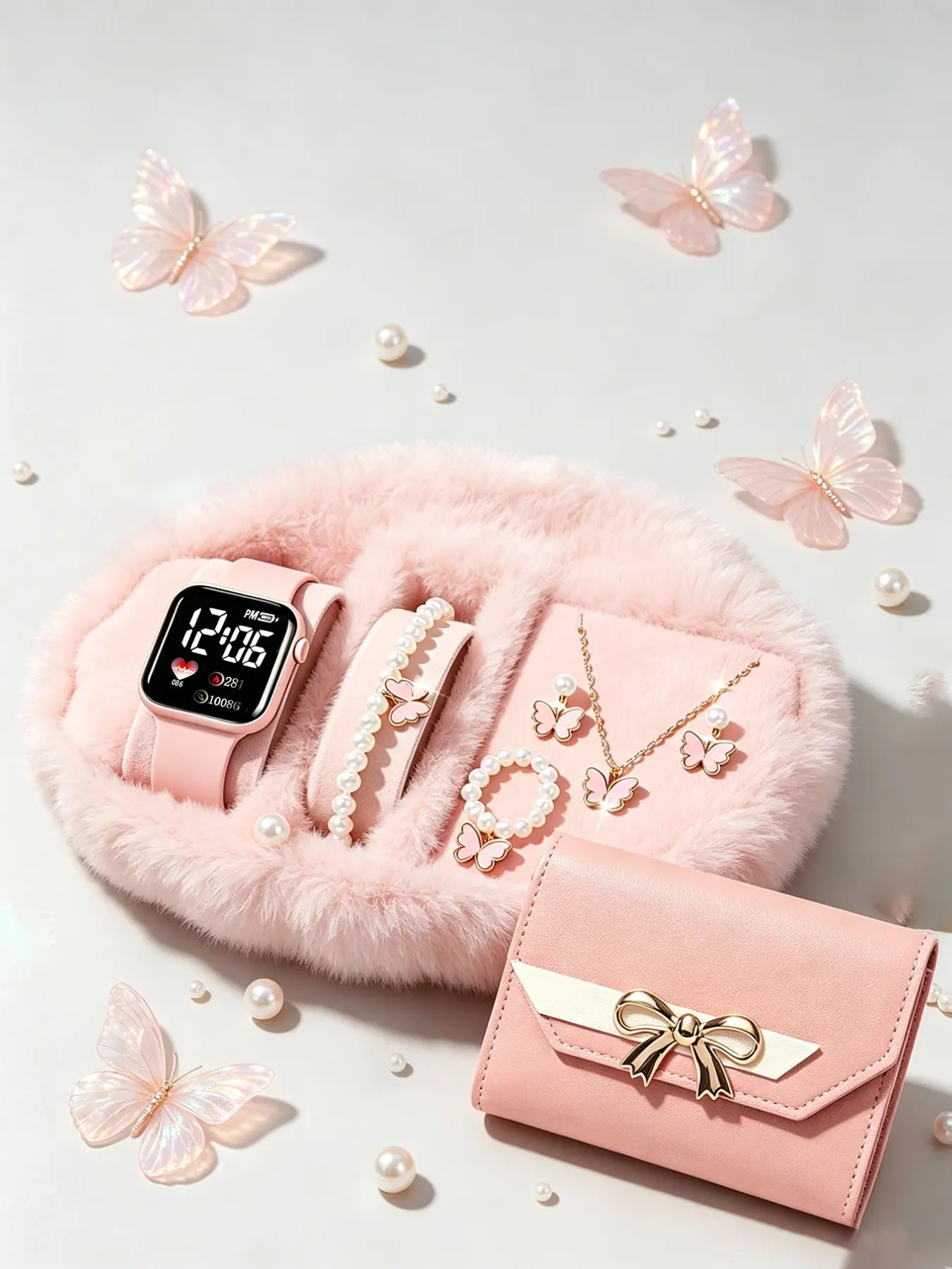7-Piece Women's Fashion Jewelry Set, Sweet Digital Watch, Pearl & Butterfly Earrings, Silicone Band, Perfect Gift